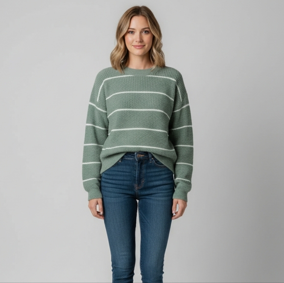 Freshman 1996 Sweaters - Freshman 1996 Women's Green Striped Pullover Wide Sleeve Oversized Sweater XS 🐈